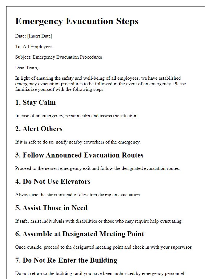 Letter template of emergency evacuation steps for factories.