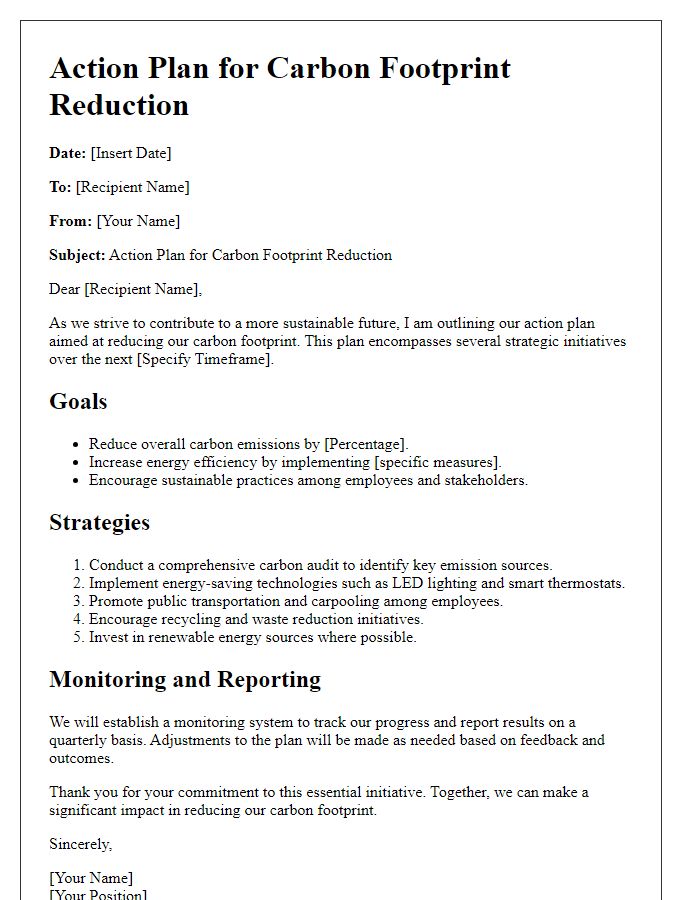 Letter template of action plan for carbon footprint reduction