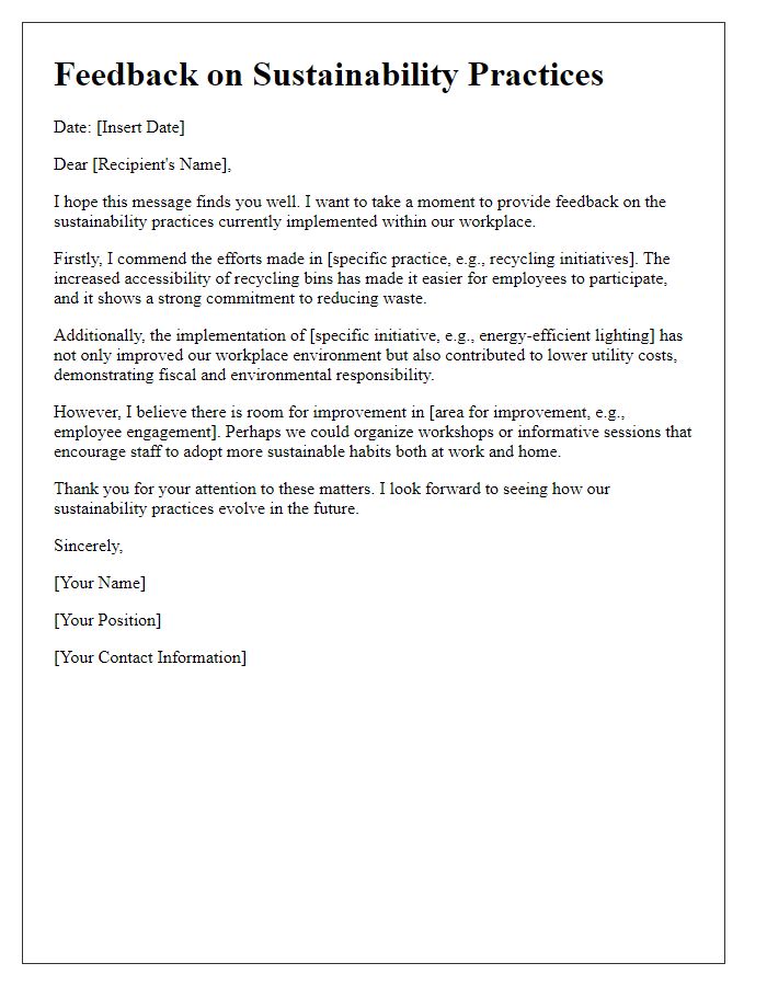 Letter template of feedback on sustainability practices in the workplace