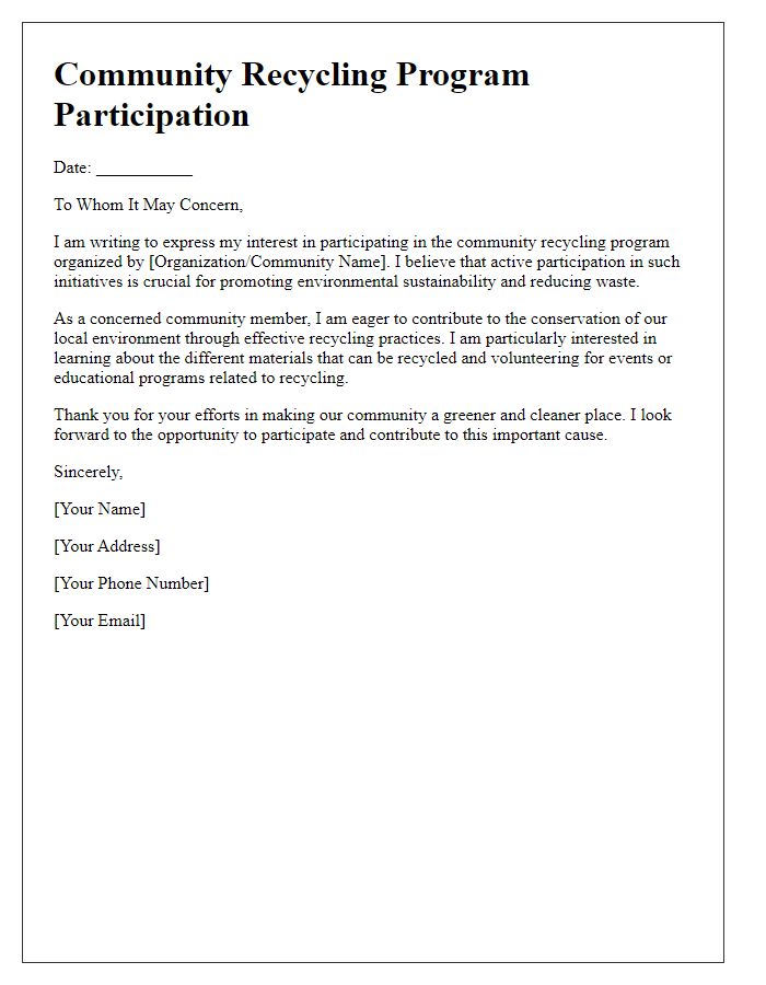 Letter template of participation in community recycling programs