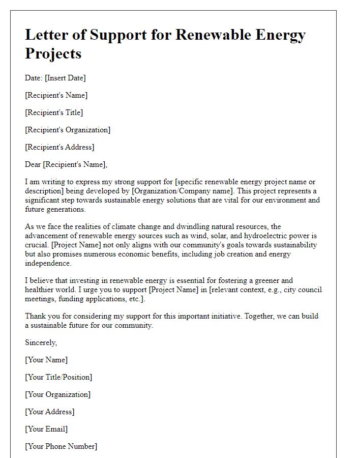 Letter template of support for renewable energy projects