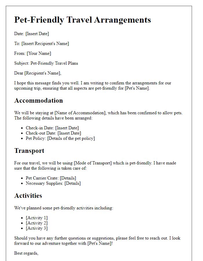 Letter template of pet-friendly travel arrangements