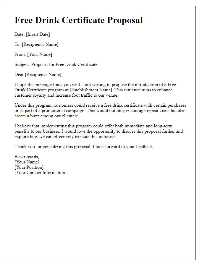 Letter template of free drink certificate proposal