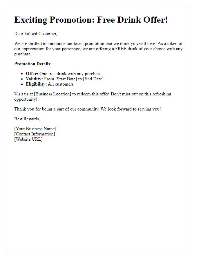 Letter template of free drink promotion notice