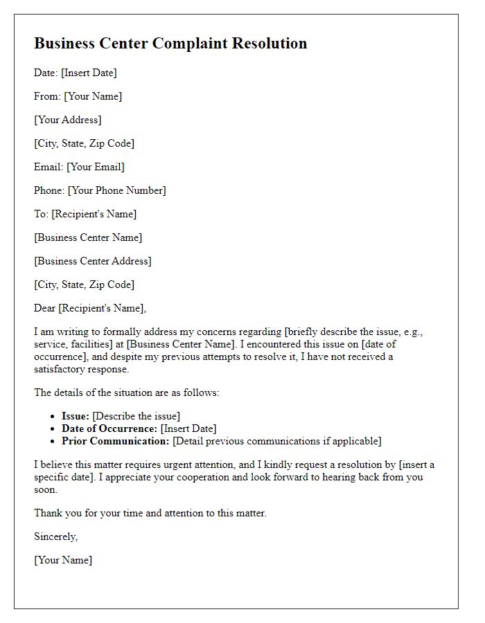 Letter template of business center complaint resolution