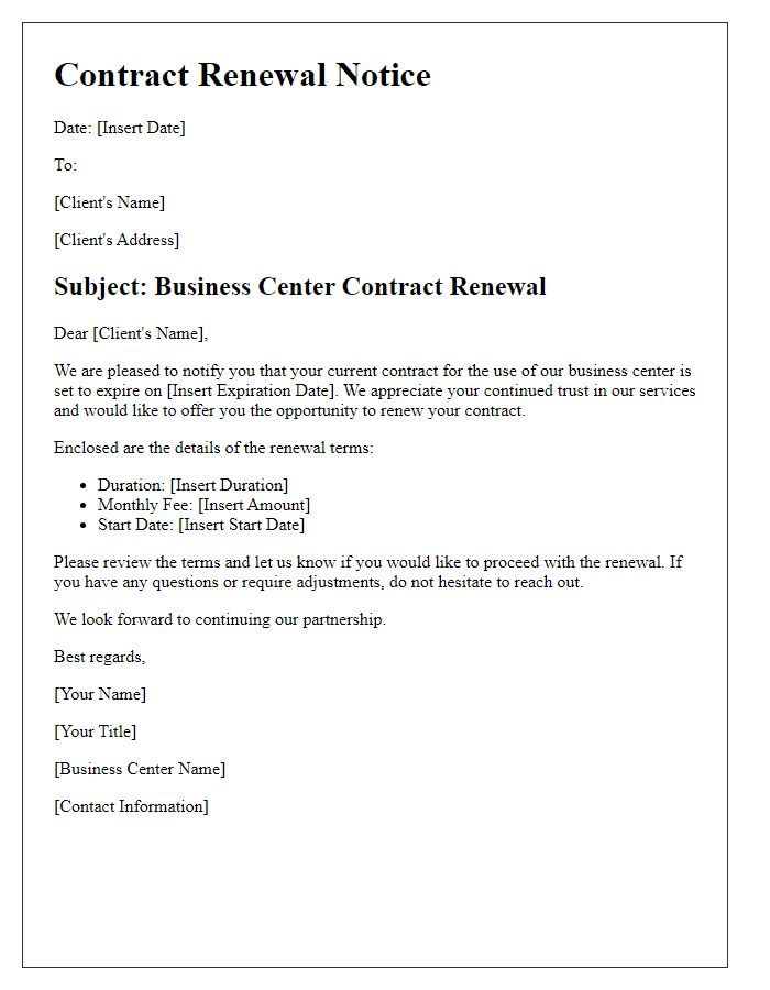 Letter template of business center contract renewal