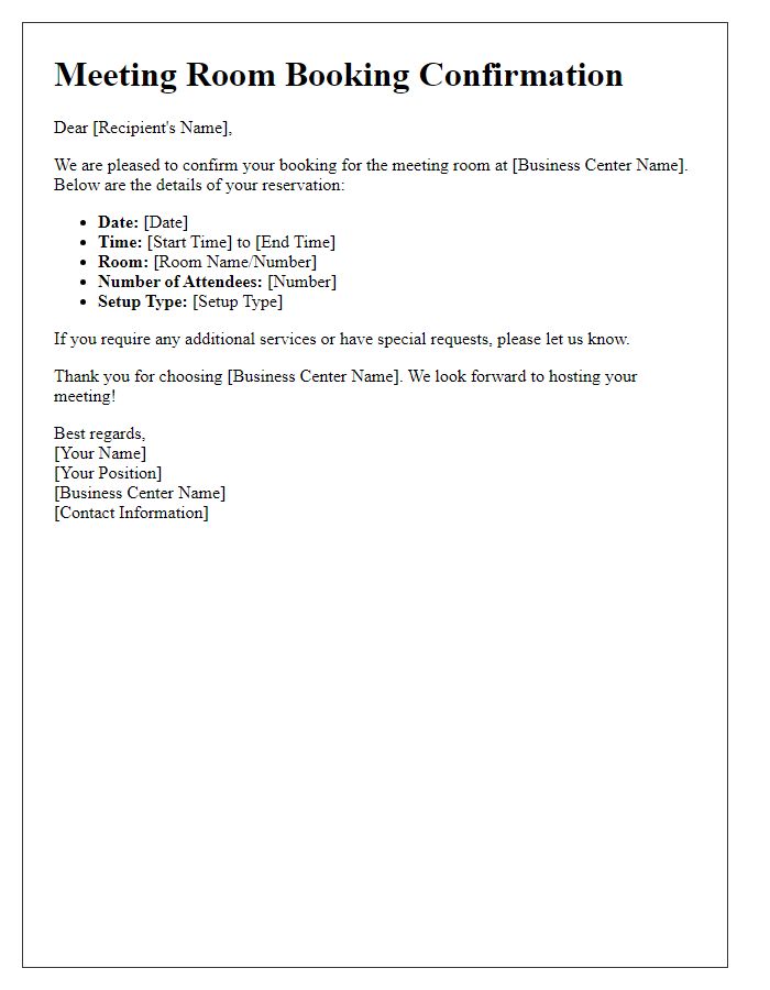 Letter template of business center meeting room booking