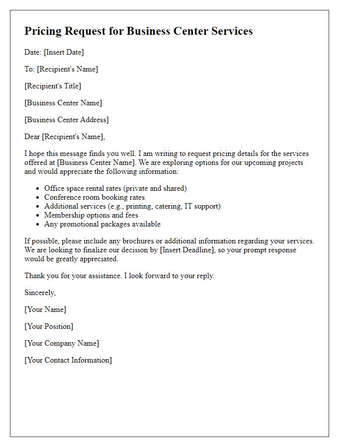 Letter template of business center pricing request