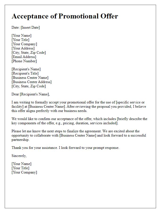 Letter template of business center promotional offer acceptance