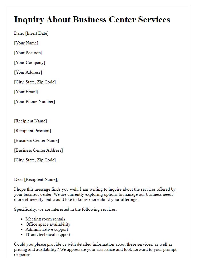 Letter template of business center service inquiry