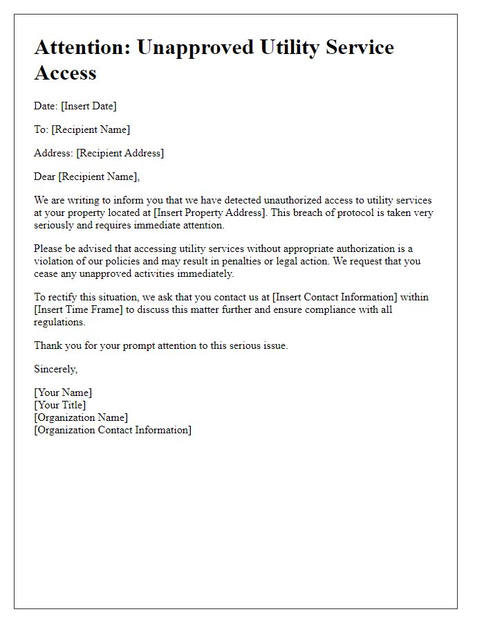 Letter template of Alert for Unapproved Utility Service Access