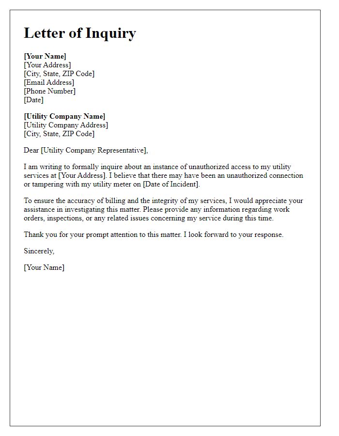 Letter template of Inquiry Regarding Unauthorized Utility Access