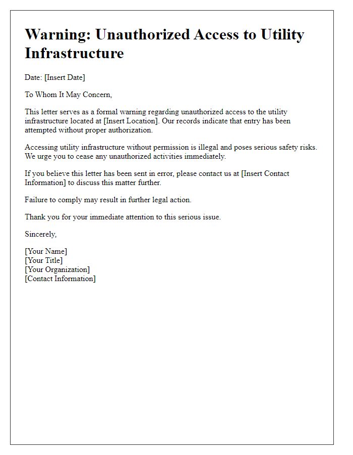 Letter template of Unauthorized Access to Utility Infrastructure Warning