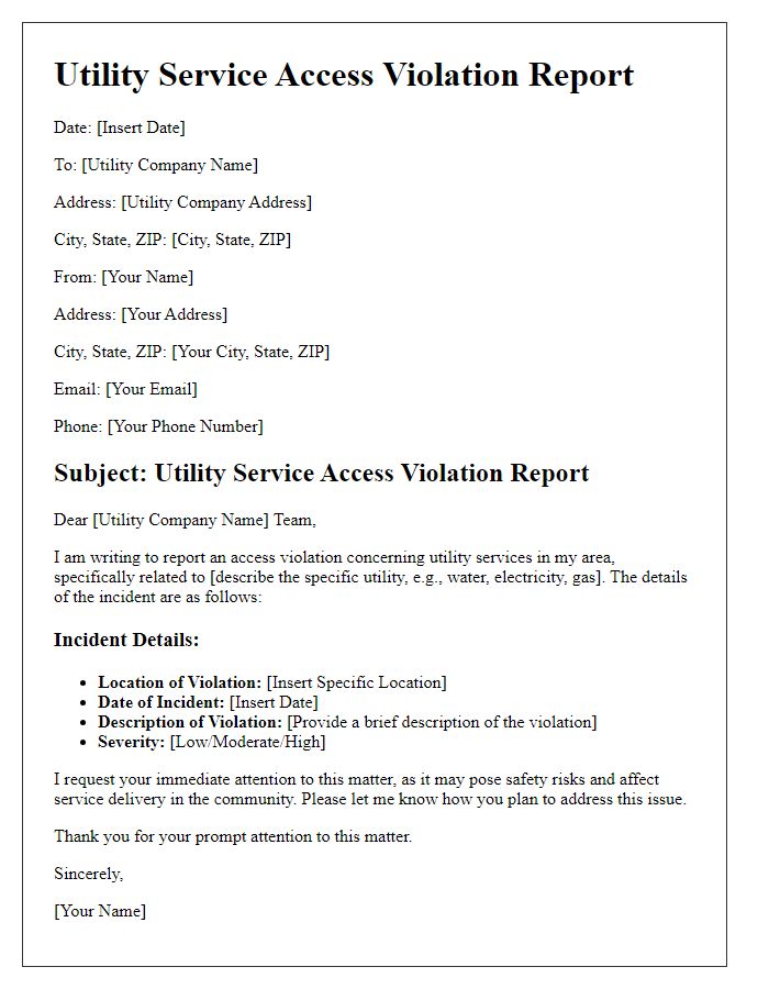 Letter template of Utility Service Access Violation Report