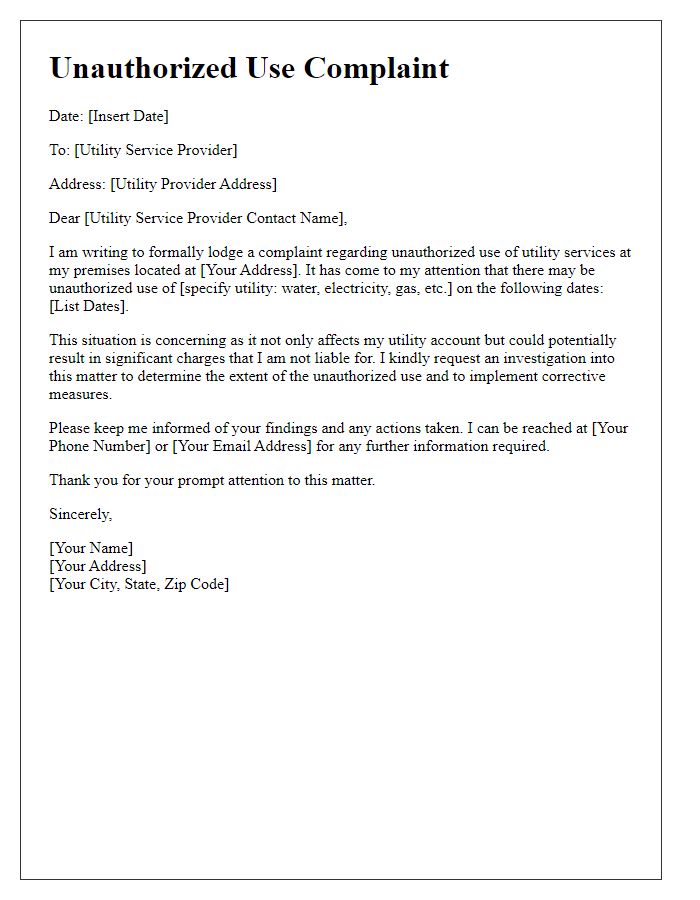 Letter template of Utility Service Unauthorized Use Complaint