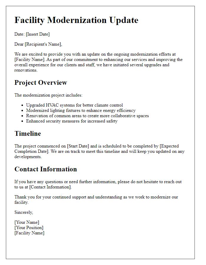 Letter template of facility modernization update