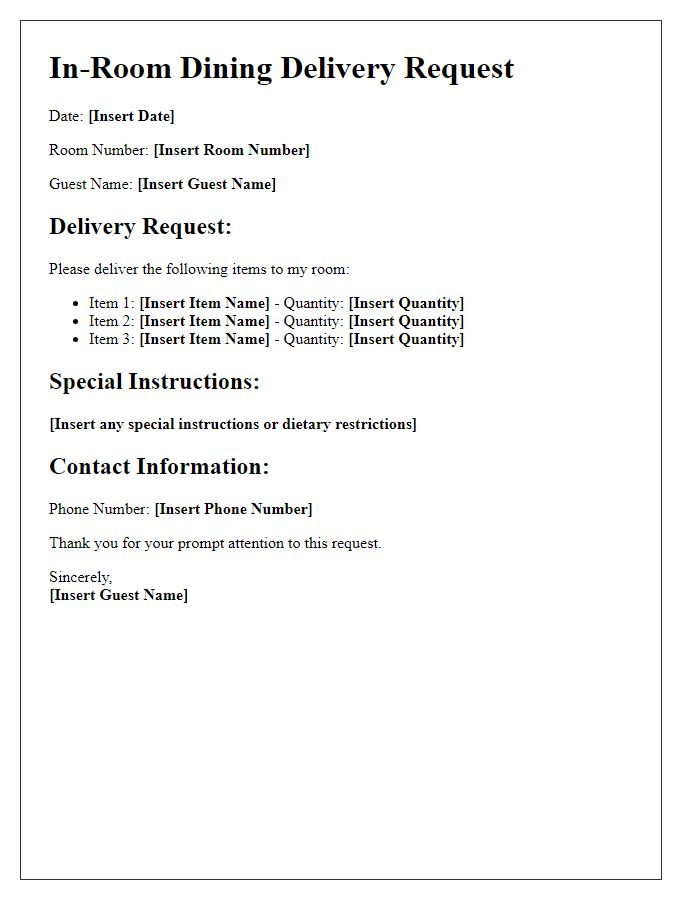 Letter template of in-room dining delivery request.