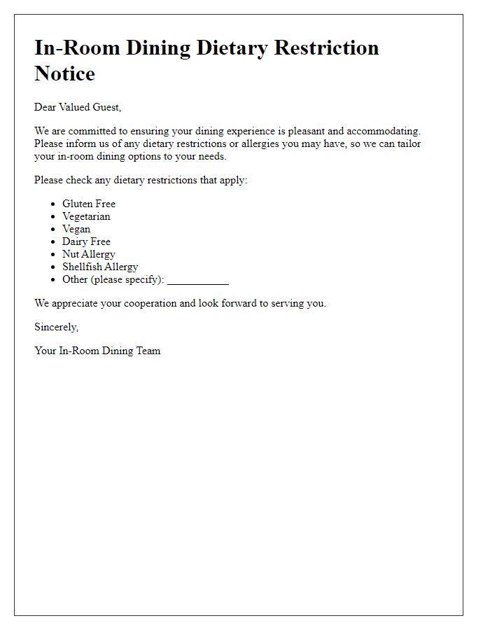 Letter template of in-room dining dietary restriction notice.