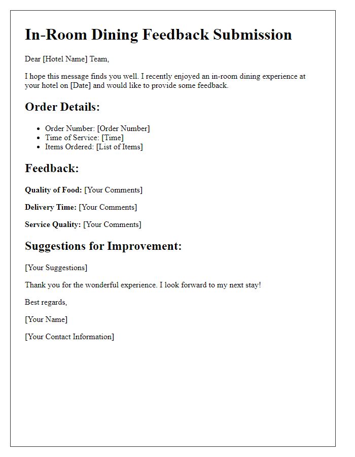 Letter template of in-room dining feedback submission.