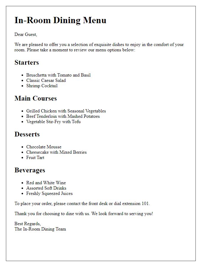 Letter template of in-room dining menu selection.