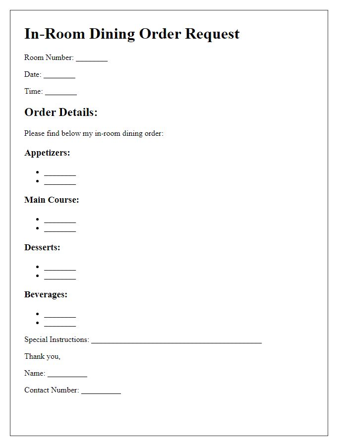 Letter template of in-room dining order request.