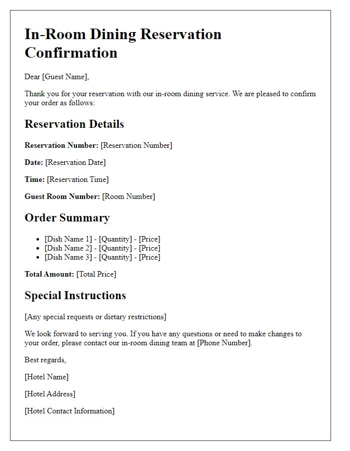 Letter template of in-room dining reservation confirmation.