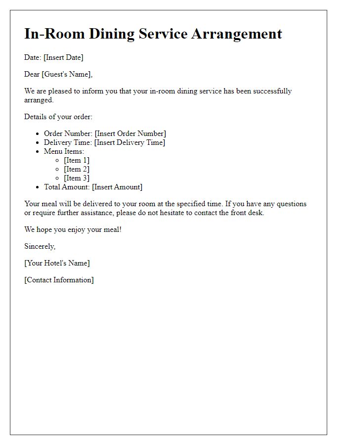 Letter template of in-room dining service arrangement.