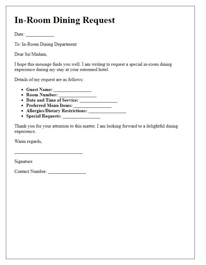 Letter template of special in-room dining request.