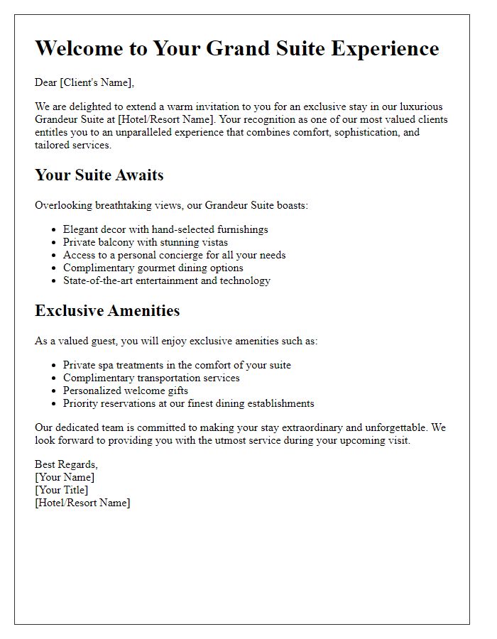 Letter template of grandeur suite experience for top-tier clients.