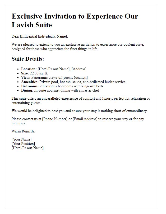 Letter template of lavish suite details for influential individuals.