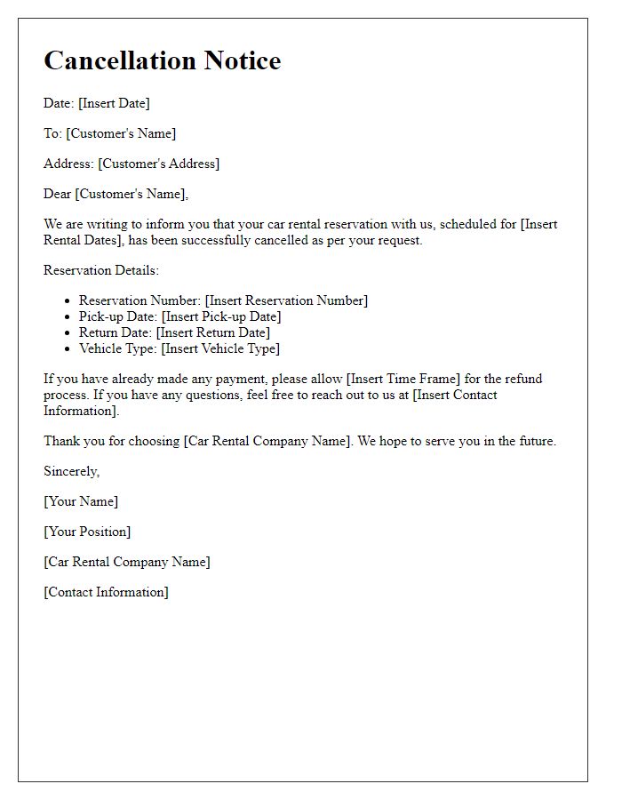 Letter template of car rental services cancellation notice.