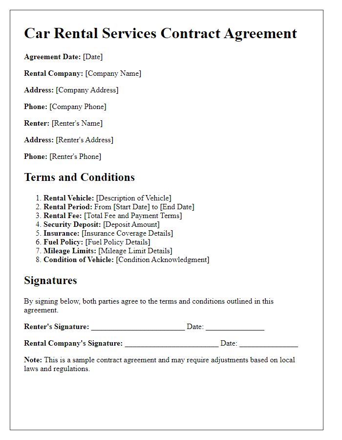 Letter template of car rental services contract agreement.