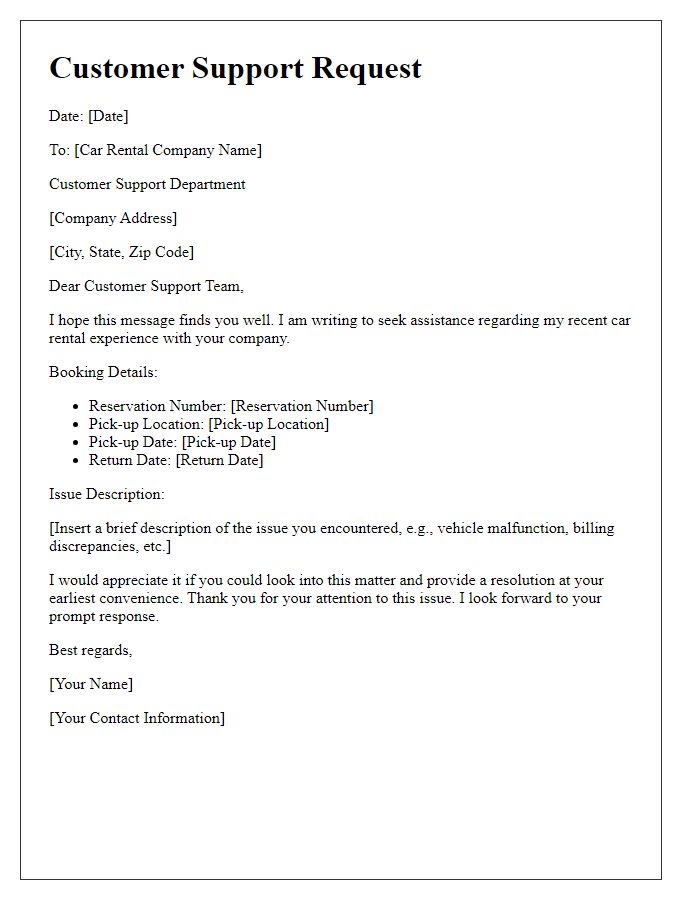 Letter template of car rental services customer support request.