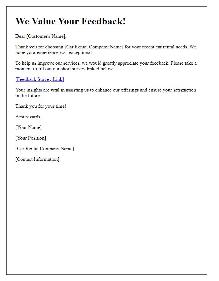 Letter template of car rental services feedback request.