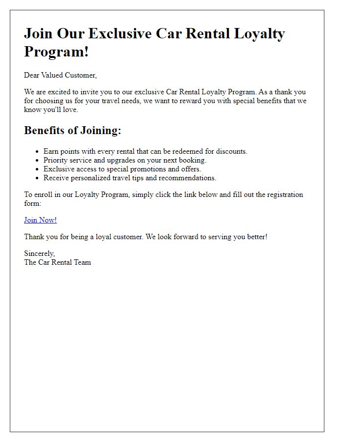 Letter template of car rental services loyalty program invitation.