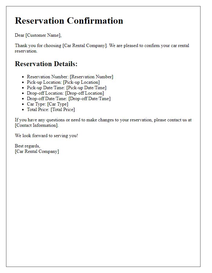 Letter template of car rental services reservation confirmation.