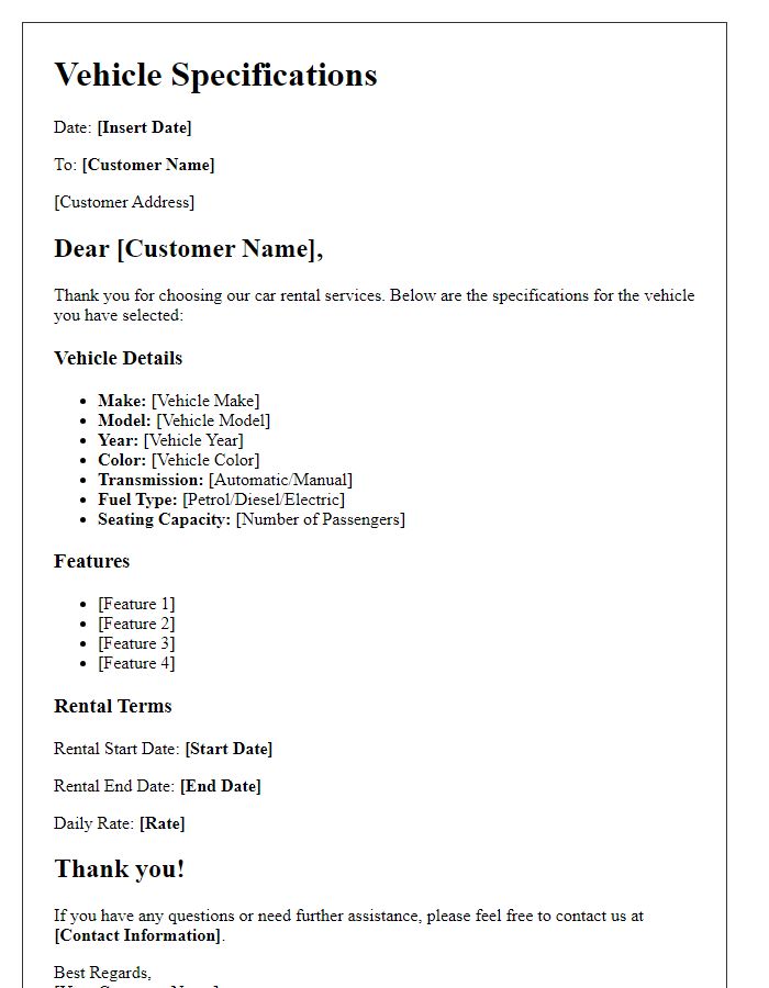 Letter template of car rental services vehicle specifications.