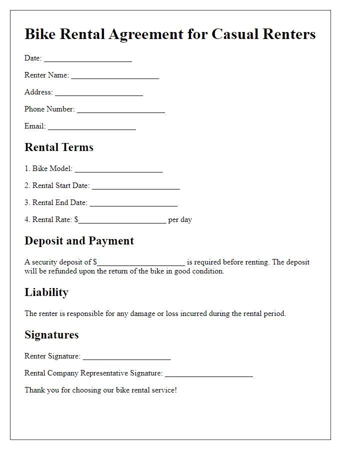 Letter template of Bike Rental Agreement for Casual Renters