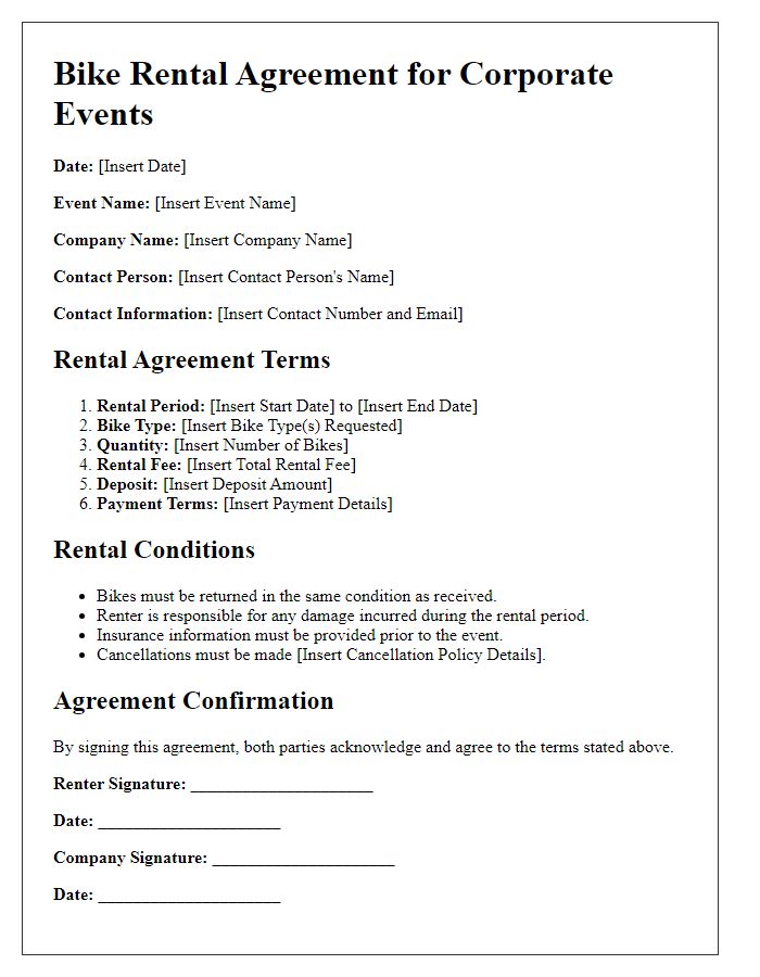 Letter template of Bike Rental Agreement for Corporate Events