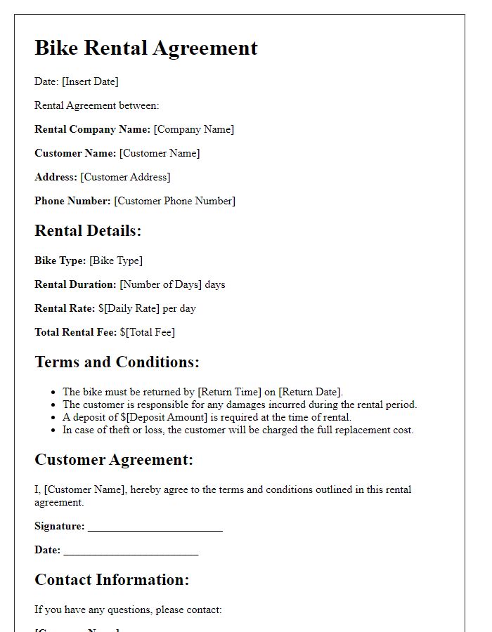 Letter template of Bike Rental Agreement for Daily Rentals