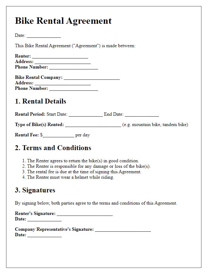 Letter template of Bike Rental Agreement for Family Rentals