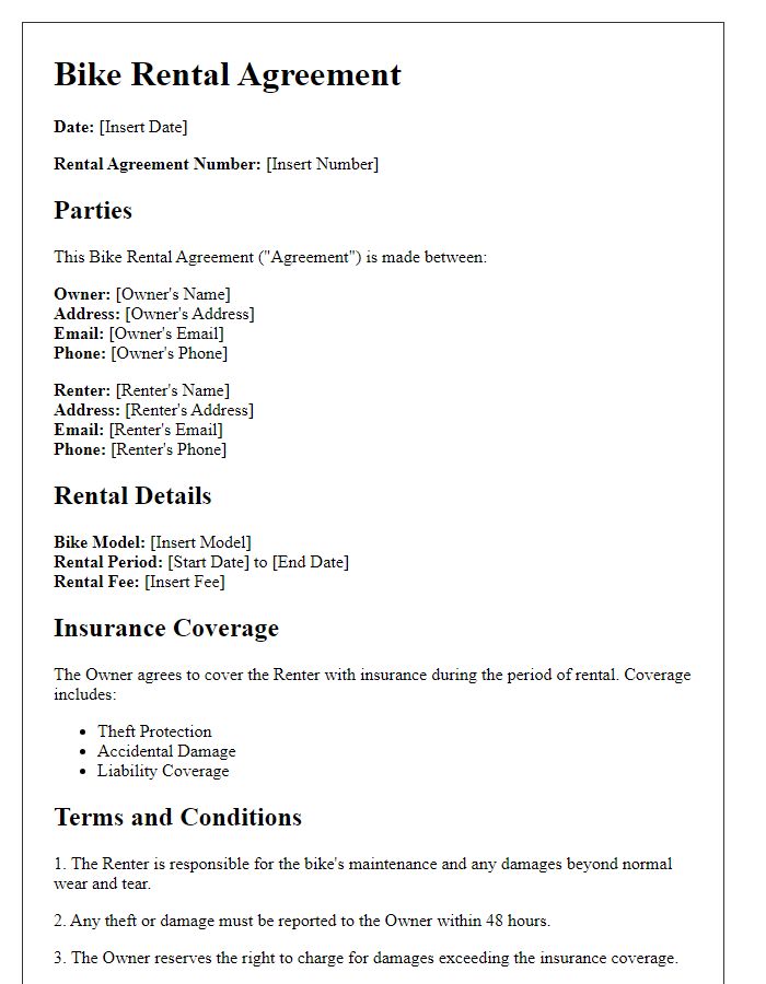 Letter template of Bike Rental Agreement for Insurance Coverage