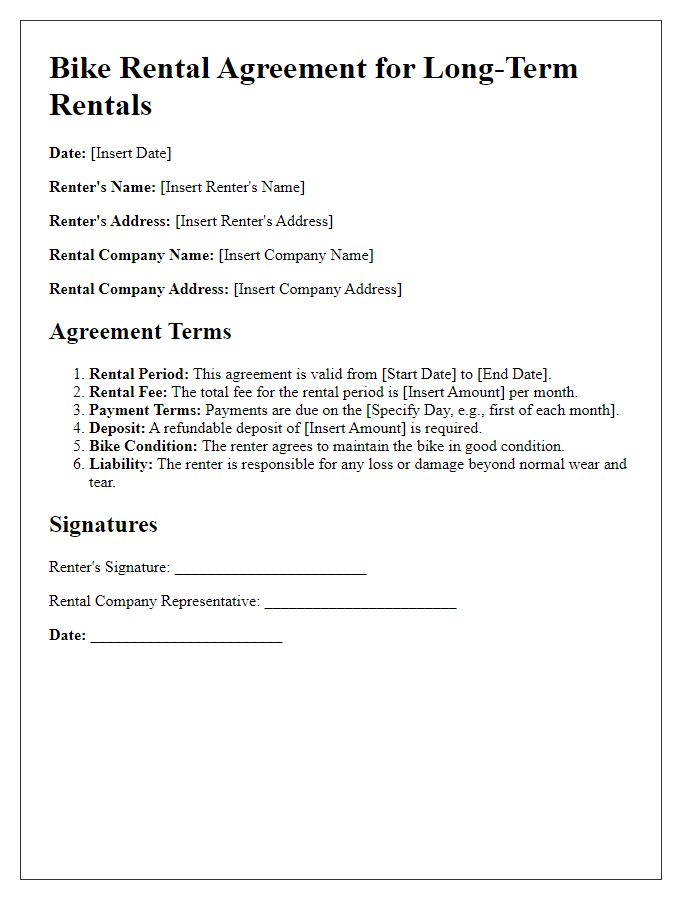 Letter template of Bike Rental Agreement for Long-Term Rentals