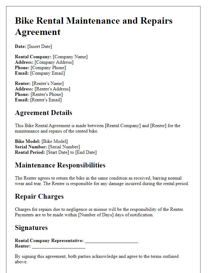 Letter template of Bike Rental Agreement for Maintenance and Repairs