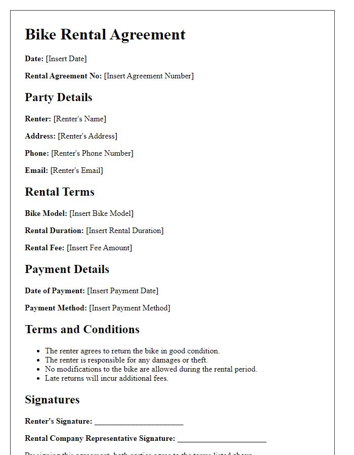 Letter template of Bike Rental Agreement for Specialized Bikes