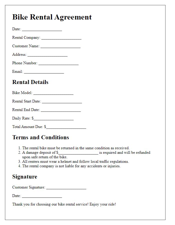 Letter template of Bike Rental Agreement for Tourist Rentals