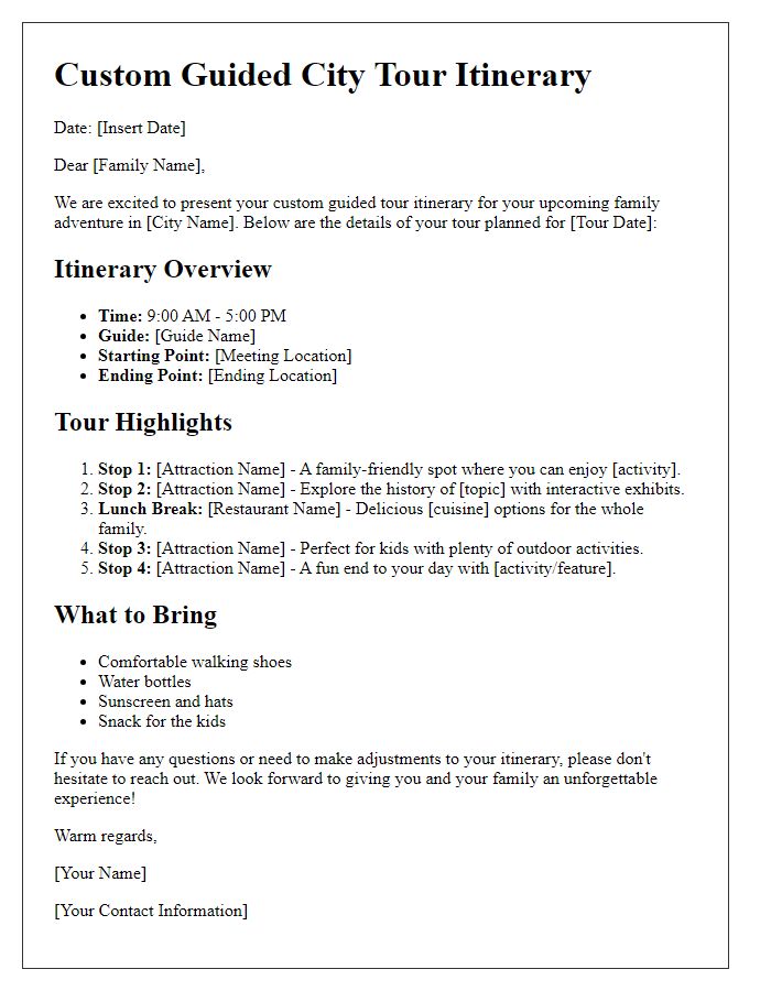 Letter template of custom guided city tour itinerary for families