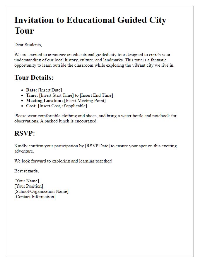 Letter template of educational guided city tour for students