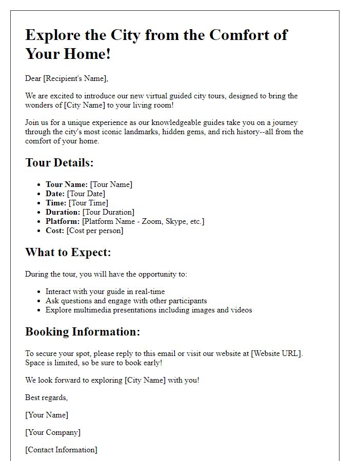 Letter template of virtual guided city tour offerings