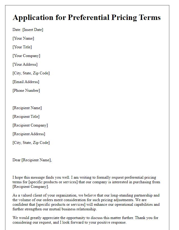 Letter template of application for preferential pricing terms